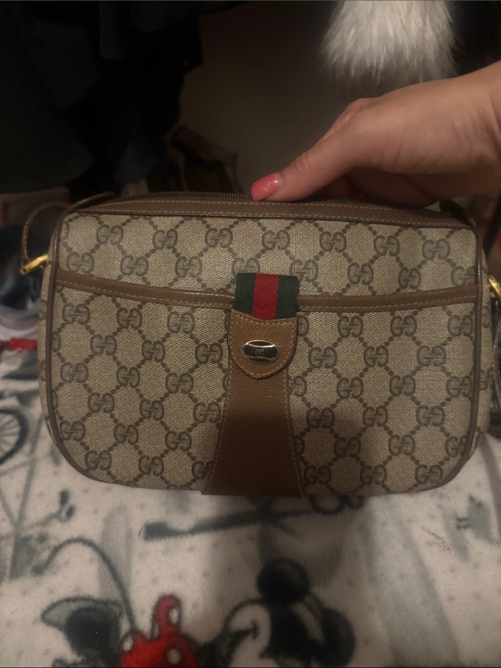 Gucci Beige Brown GG Supreme Crossbody with Green-Red Web